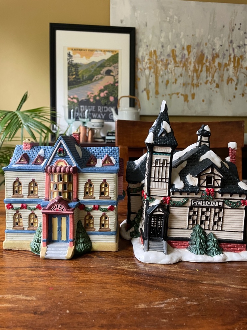 2 Holiday Christmas Village Ceramic or Porcelain Hotel + School Schoolhouse FLAW